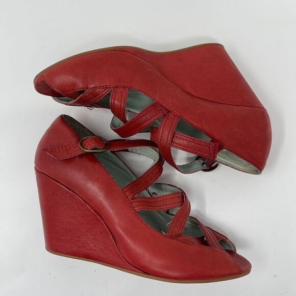 Anthropologie FARYL ROBIN Womens Sandals Wedges Peep Toe Strappy Red US 10 - Picture 4 of 9